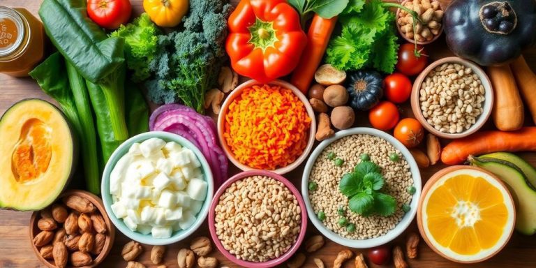 Colorful array of gut-healing foods on a wooden table.