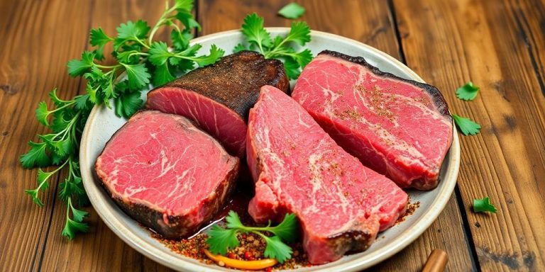 Two beef cuts on a plate, one grass-fed, one grain-fed.