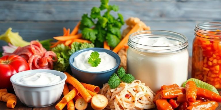 Variety of probiotic-rich foods on a wooden table.