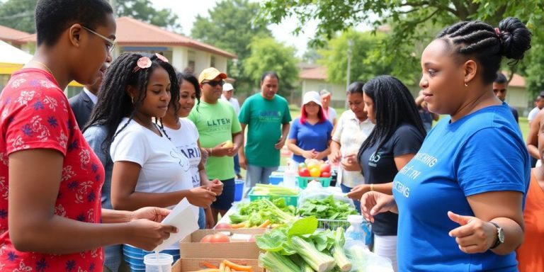 Community members participating in diabetes awareness activities outdoors.