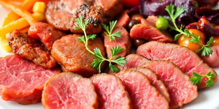 Plate of red meat with herbs and vegetables.