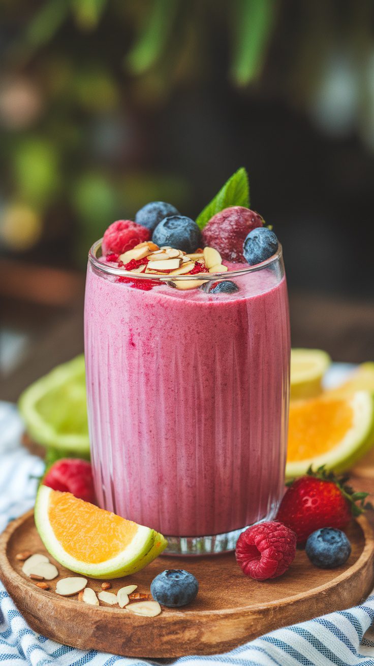 A glass of berry almond protein smoothie topped with fresh berries and almonds, served with slices of orange and lime