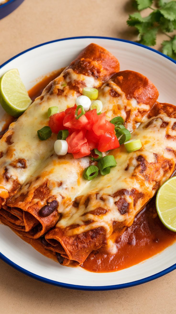 Plate of Black Bean and Quinoa Enchiladas with toppings
