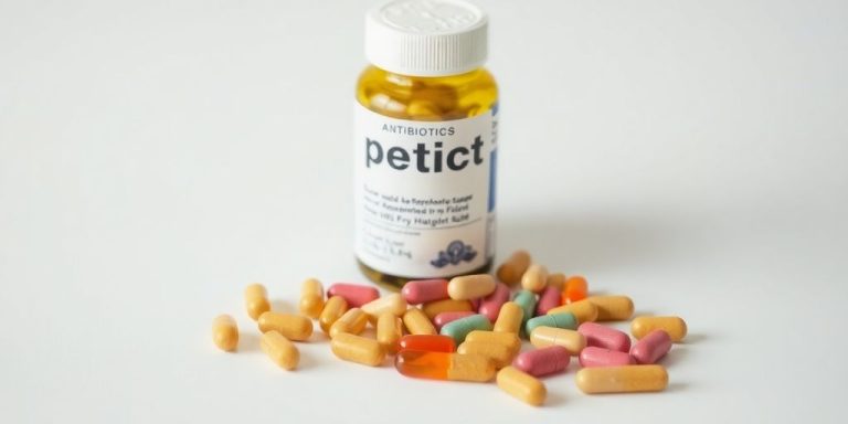 Probiotic capsules and antibiotics on a white surface.