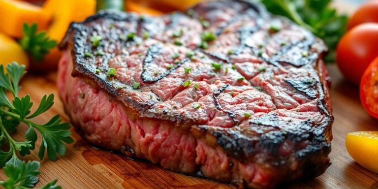 Close-up of a juicy steak with fresh herbs.