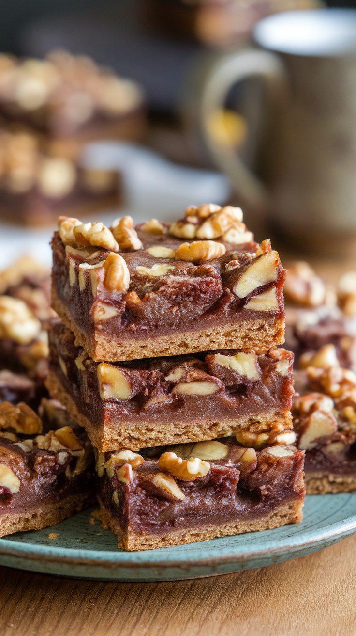 A stack of chewy walnut and fig bars on a blue plate, garnished with walnut pieces.