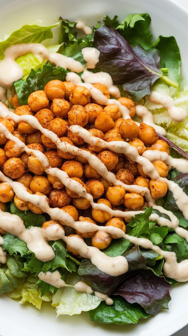 A bowl of Chickpea Shawarma Salad topped with creamy tahini dressing, featuring roasted chickpeas over a bed of fresh greens.