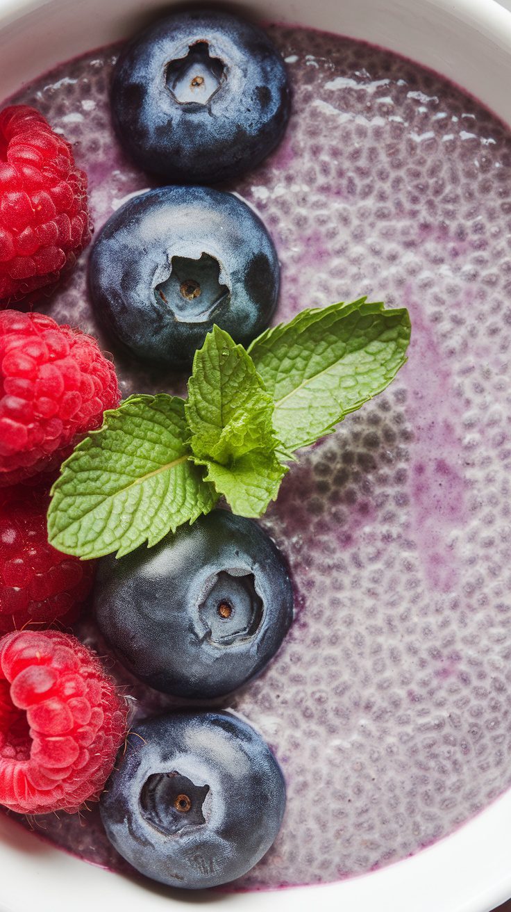 Chia seed pudding topped with blueberries, raspberries, and mint leaves.