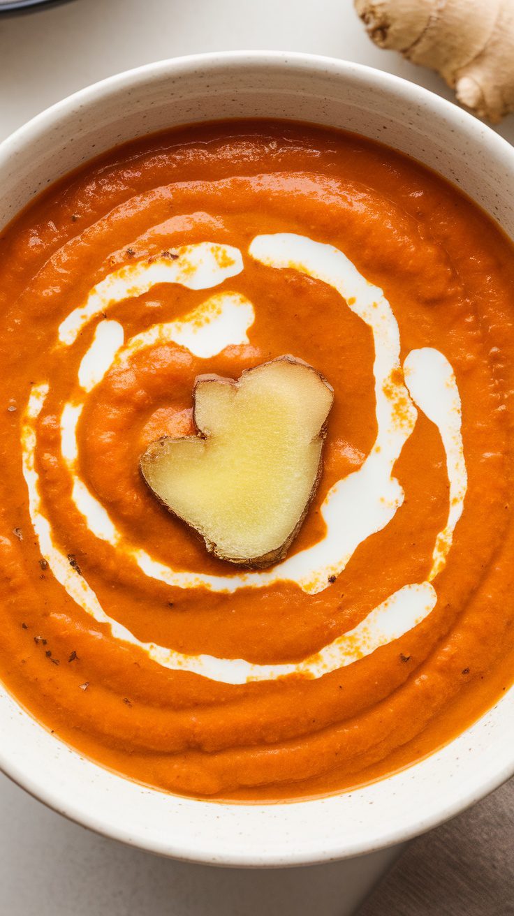 A vibrant bowl of creamy ginger carrot soup with a swirl of coconut milk and a slice of ginger on top.