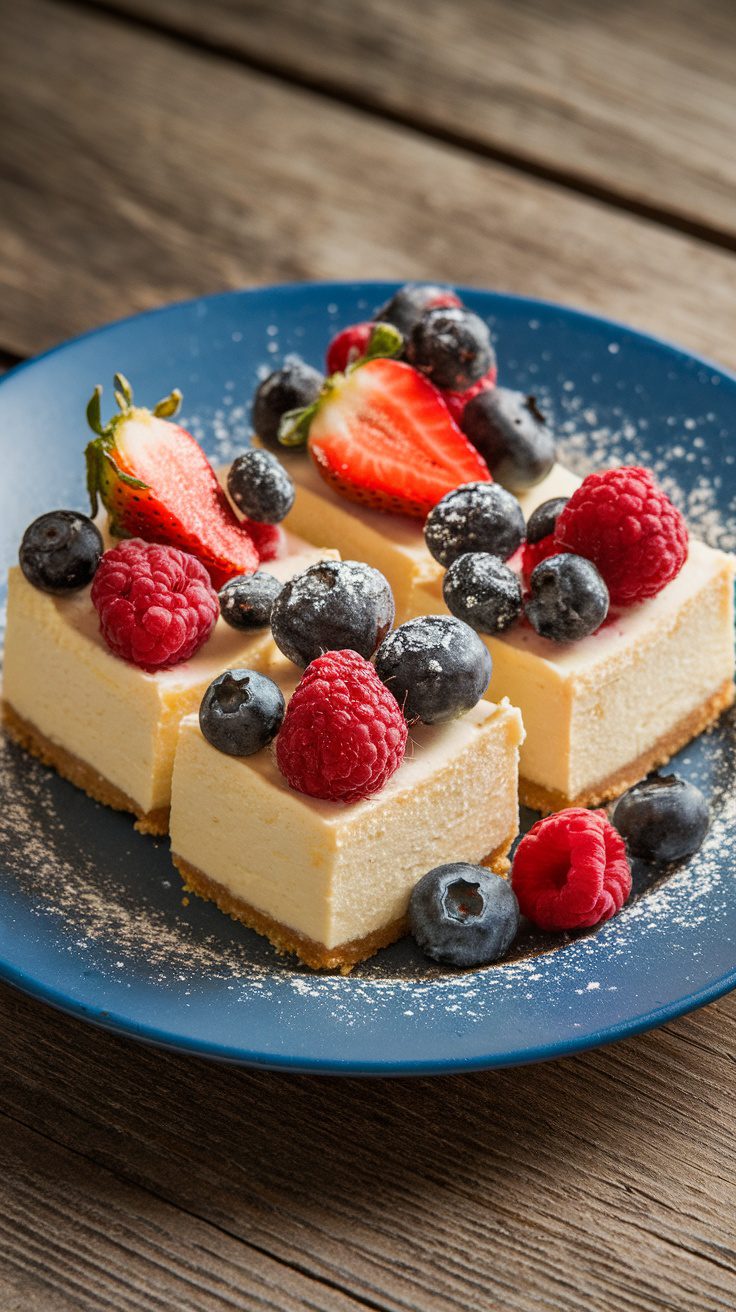 A plate of creamy Greek yogurt cheesecake bars topped with fresh berries on a wooden table.