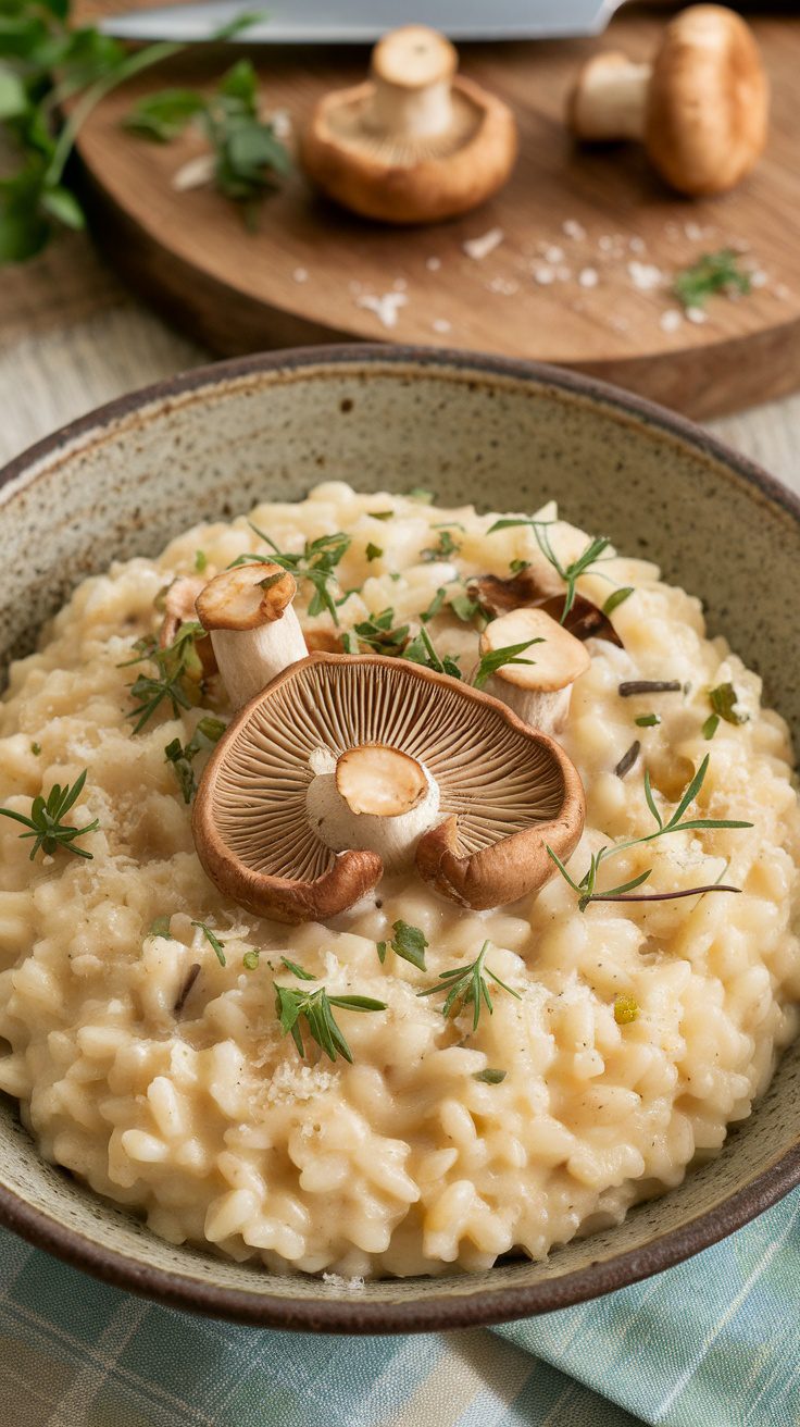 A bowl of creamy lion's mane mushroom risotto garnished with fresh herbs and topped with lion's mane mushrooms.