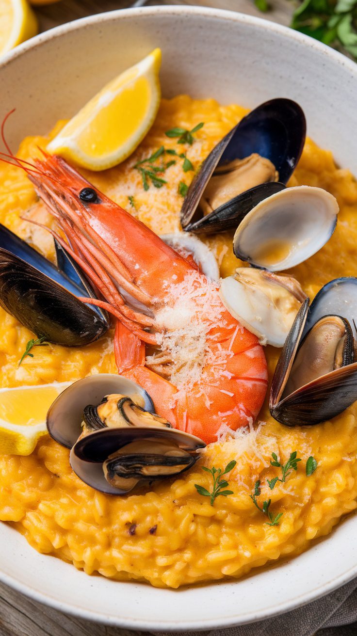 A bowl of creamy seafood risotto garnished with seafood and lemon