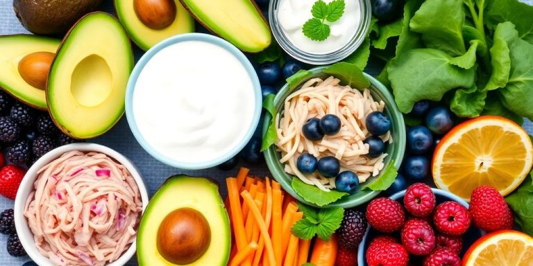 Colorful gut-healthy foods: yogurt, avocados, sauerkraut, berries.