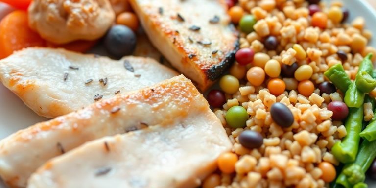 Plate of protein-rich foods including chicken and beans.