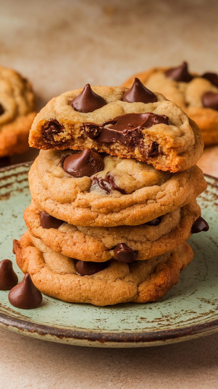 A stack of chocolate chip cookies made with almond flour, with one cookie broken in half showing the gooey chocolate inside.
