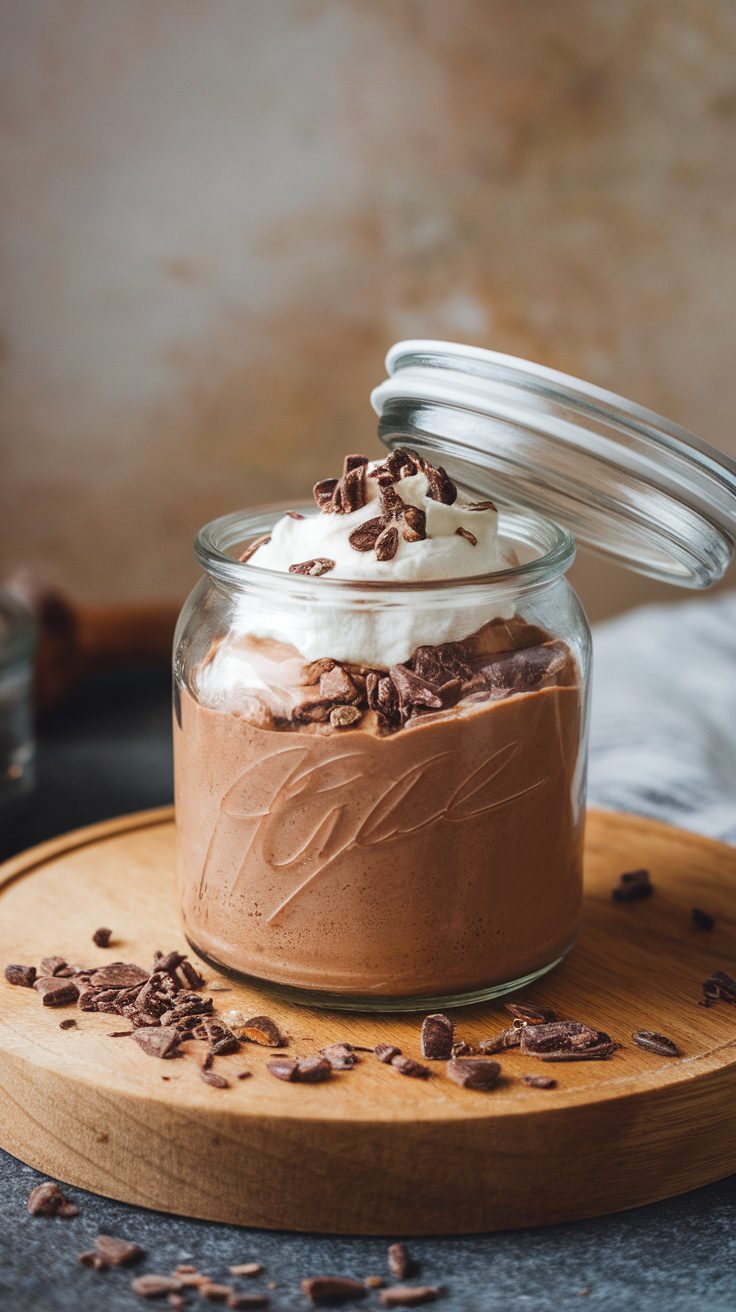 A jar of decadent chocolate peanut butter mousse topped with whipped coconut cream and cacao nibs.