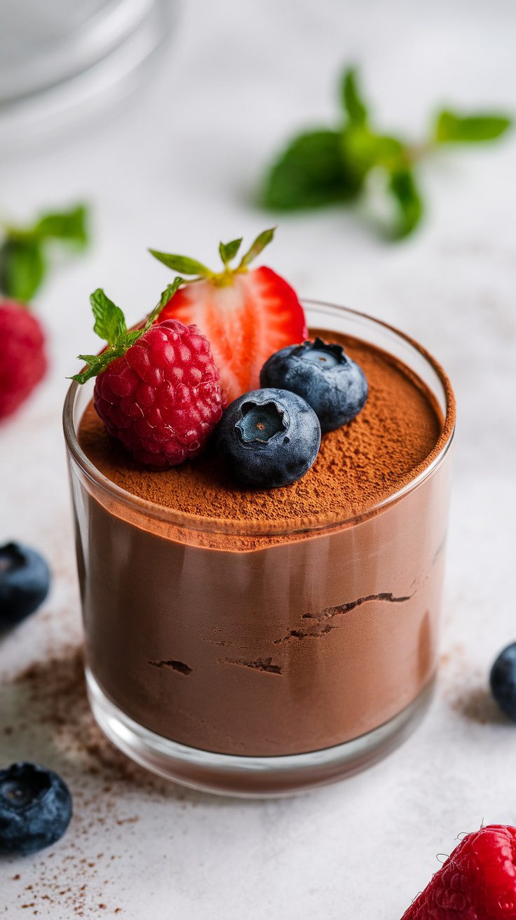 A glass of dark chocolate avocado mousse topped with fresh berries and mint leaves.