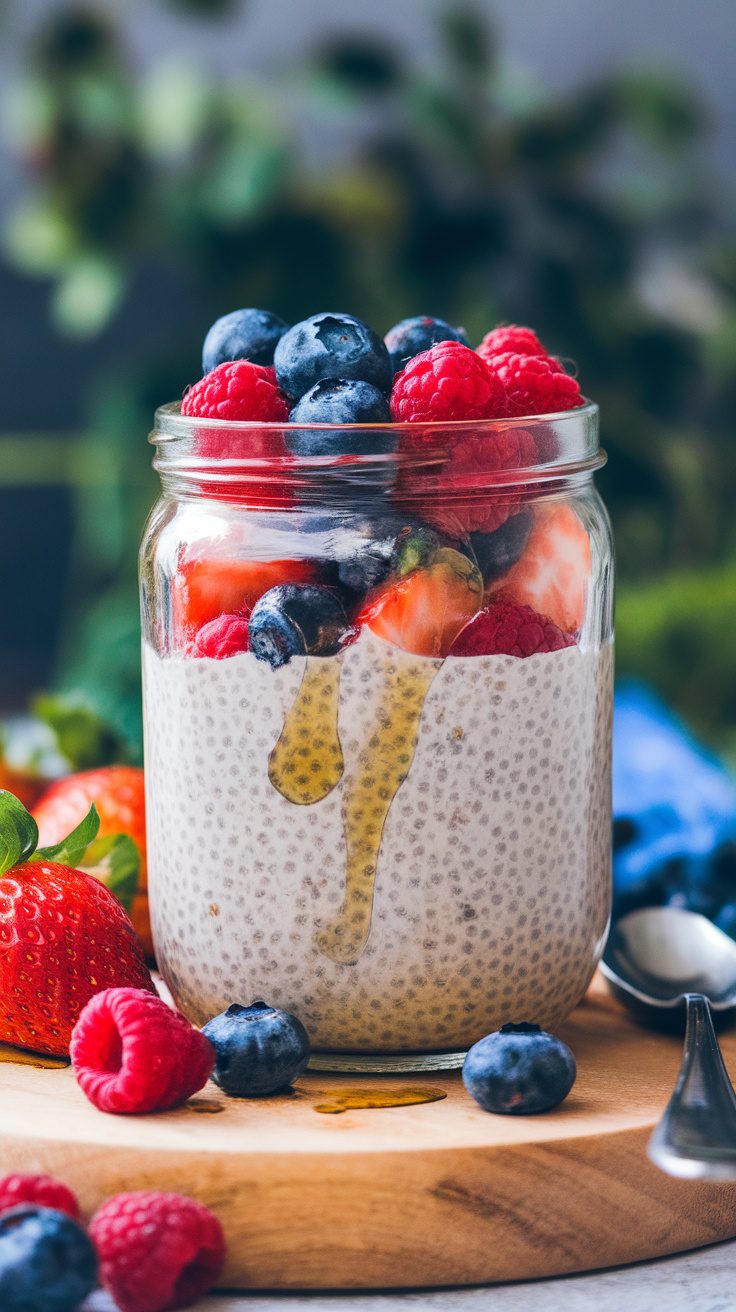 Chia seed pudding topped with fresh berries and honey in a jar