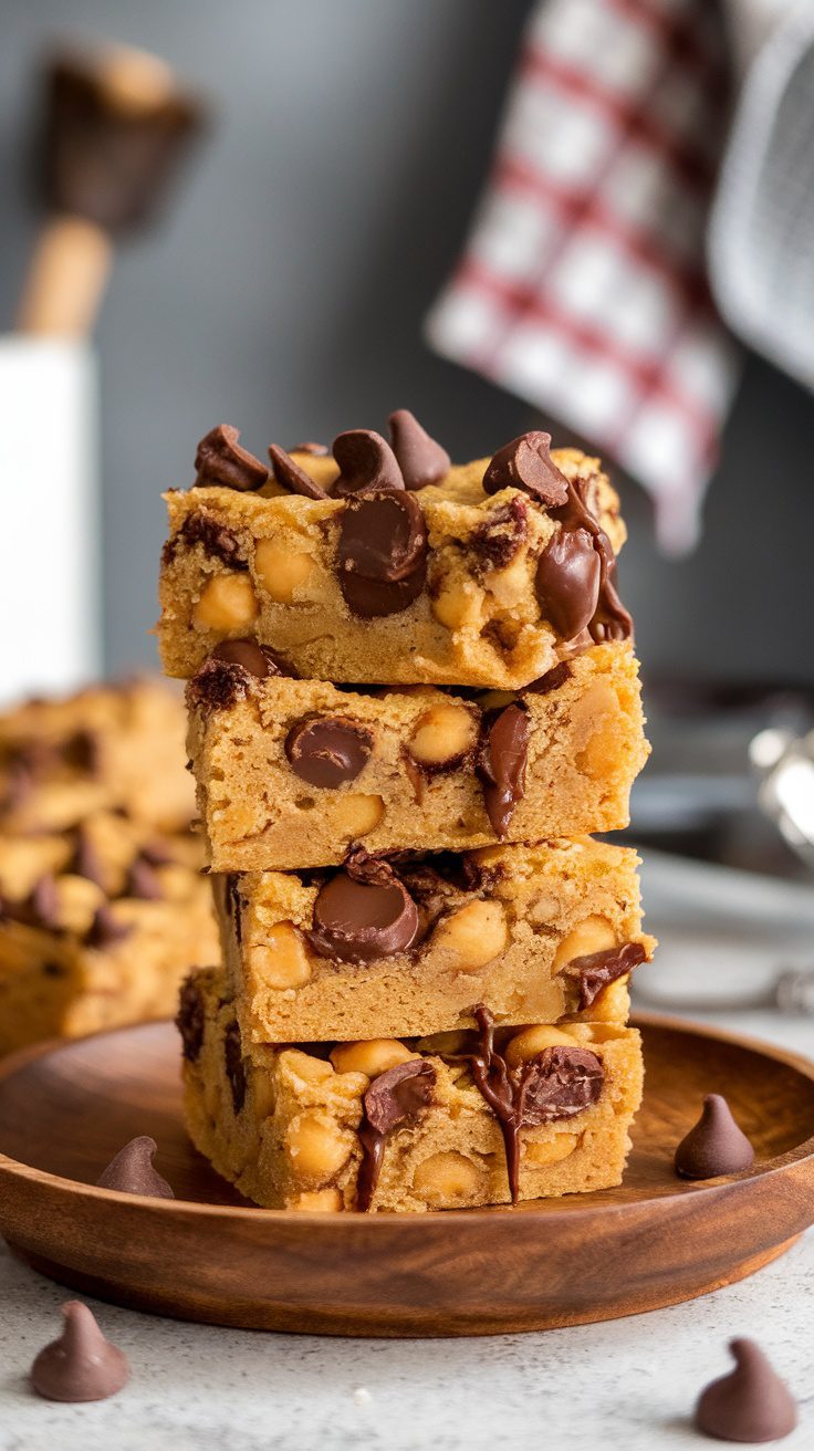 A stack of chickpea blondies topped with chocolate chips on a wooden plate.
