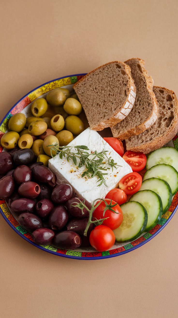 A Mediterranean breakfast plate with olives, feta, tomatoes, cucumbers, and bread.