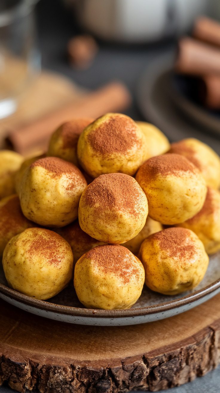 A plate of pumpkin pie protein bites sprinkled with cinnamon.