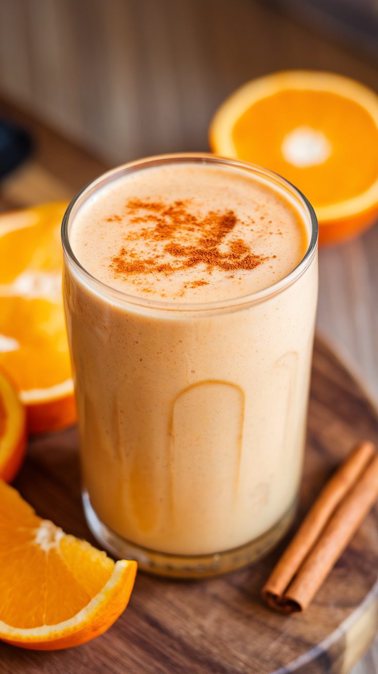 A pumpkin spice smoothie in a glass, garnished with cinnamon, alongside fresh orange slices.
