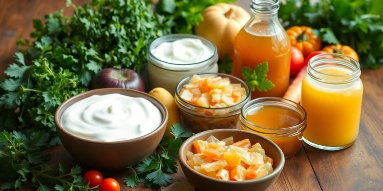Probiotic foods on a wooden table for digestive health.