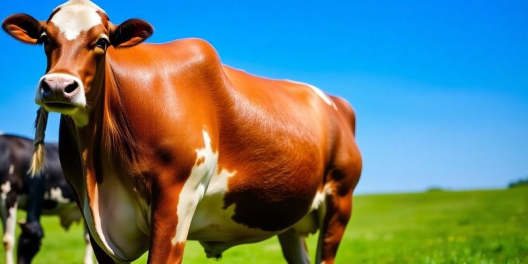 A healthy cow in a green pasture under blue sky.