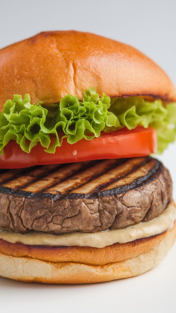 A delicious grilled portobello mushroom burger with lettuce and tomato on a bun.