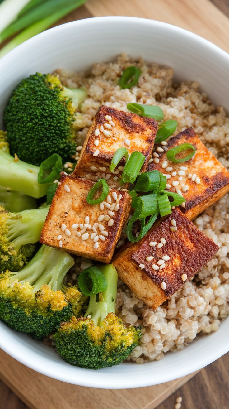 A delicious Buddha bowl featuring quinoa, crispy tofu, and broccoli.