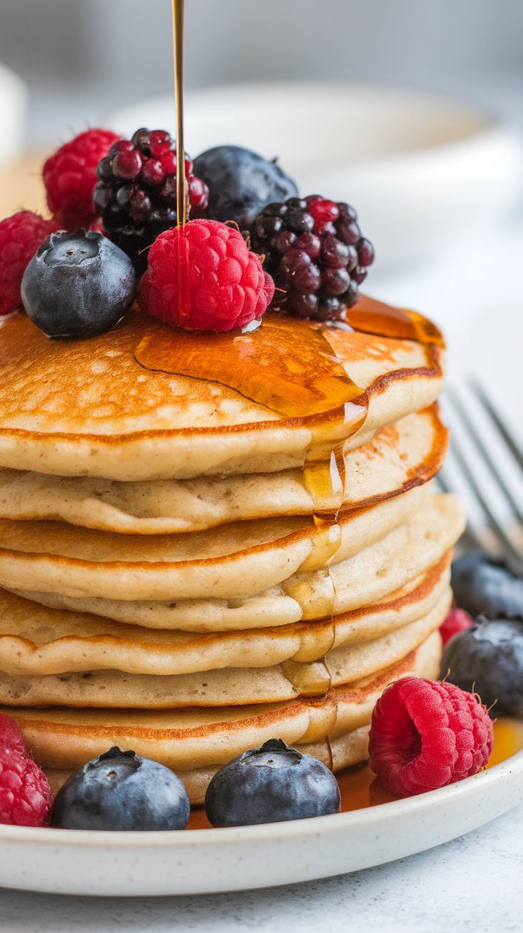 Fluffy coconut flour pancakes topped with mixed berries and syrup