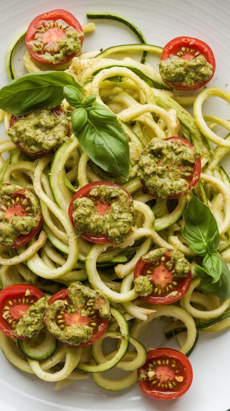 A bowl of fresh zucchini noodles topped with pesto and cherry tomatoes