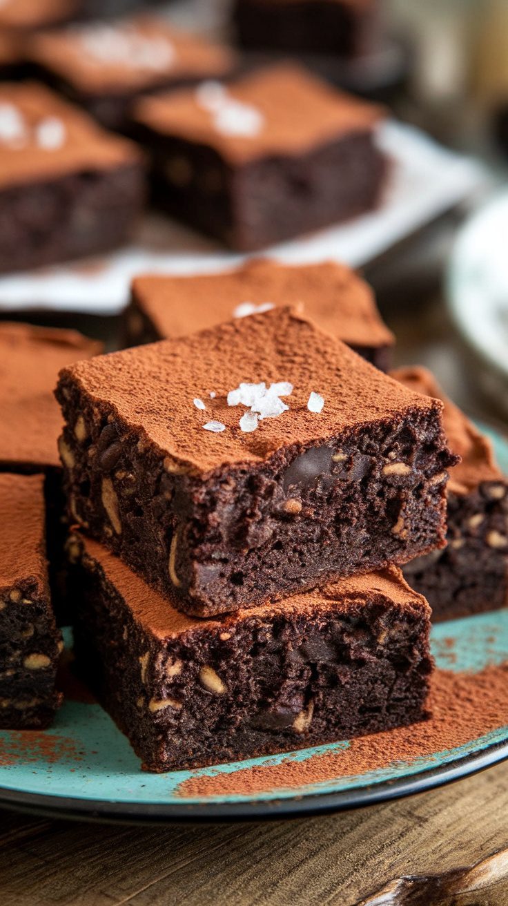 Fudgy black bean brownies dusted with cocoa powder and topped with sea salt.