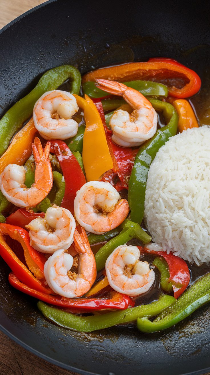 Garlic ginger shrimp stir-fry with bell peppers and rice