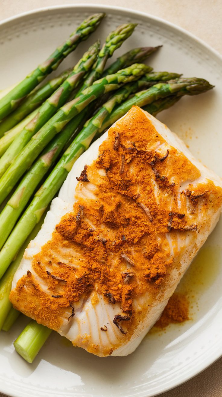 A plate featuring golden baked turmeric cod fillet alongside fresh steamed asparagus.
