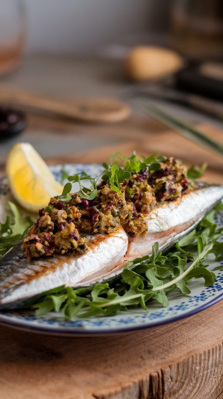 Grilled mackerel topped with olive tapenade on a plate with lemon and greens