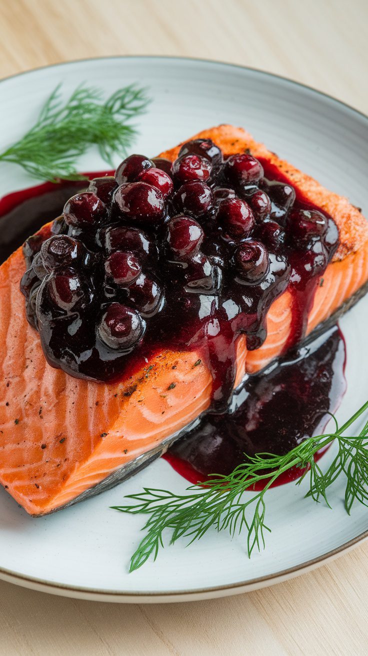 Grilled wild salmon topped with blueberry sauce on a plate