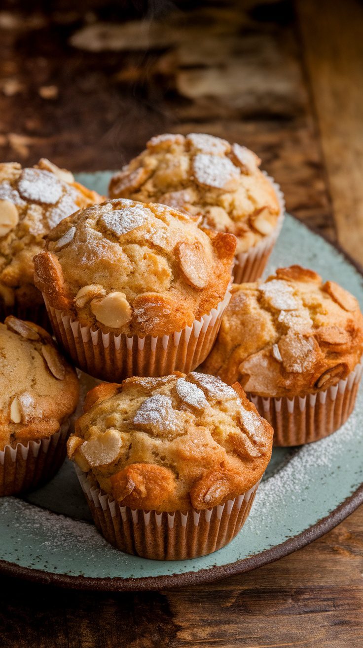 Plate of healthy almond flour protein muffins topped with almond slices