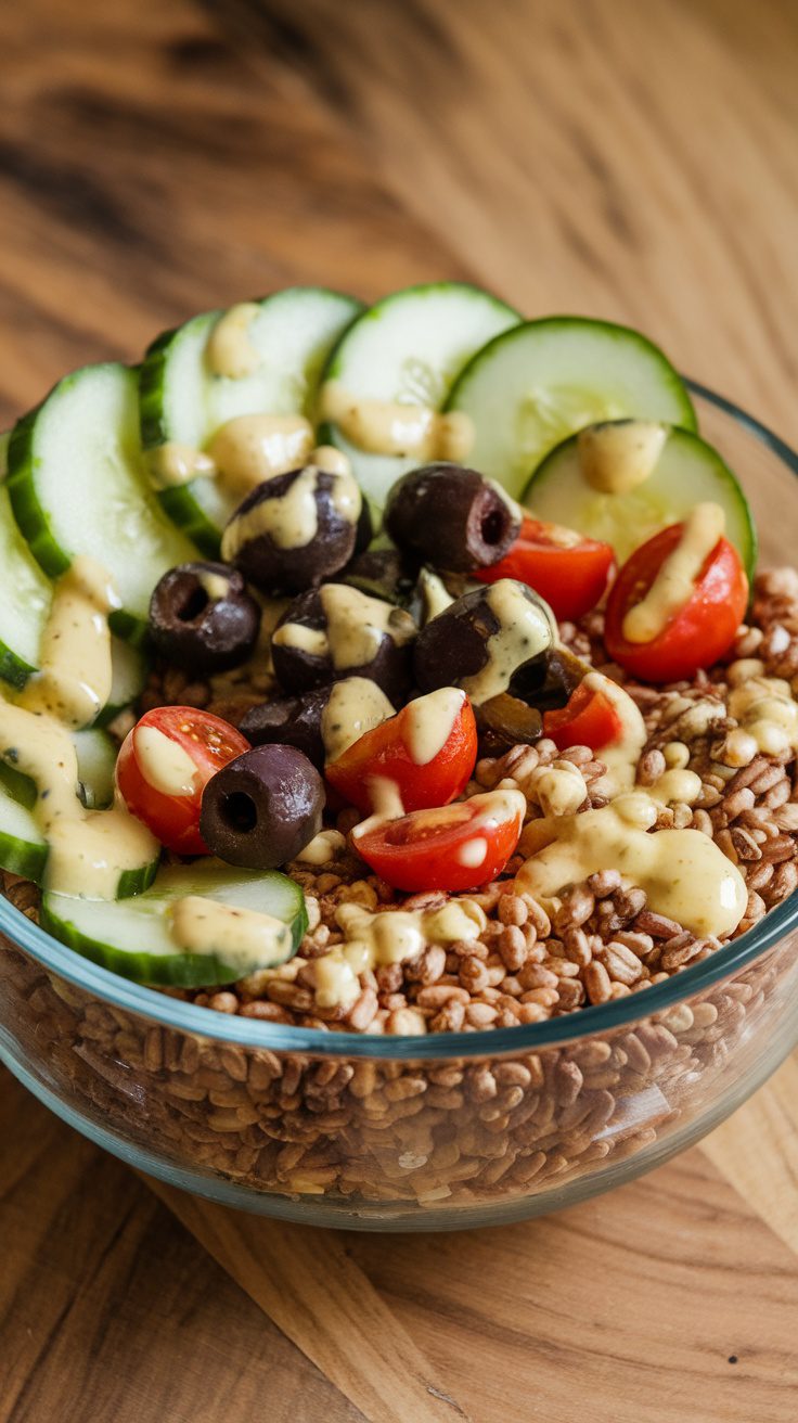 A vibrant Mediterranean grain bowl with grains, cucumbers, tomatoes, olives, and a creamy dressing.