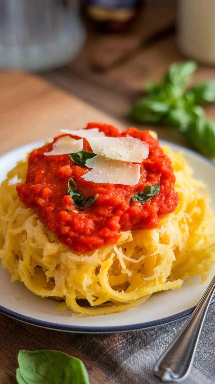 Plate of spaghetti squash topped with tomato basil sauce and parmesan