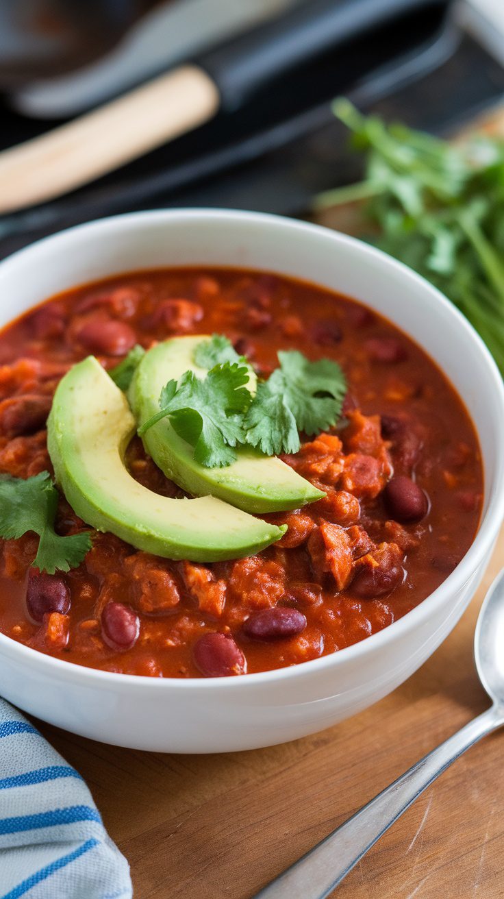 A bowl of hearty anti-inflammatory turkey chili topped with avocado and cilantro.