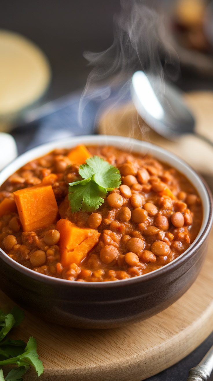 A steaming bowl of hearty lentil and sweet potato stew topped with fresh cilantro.