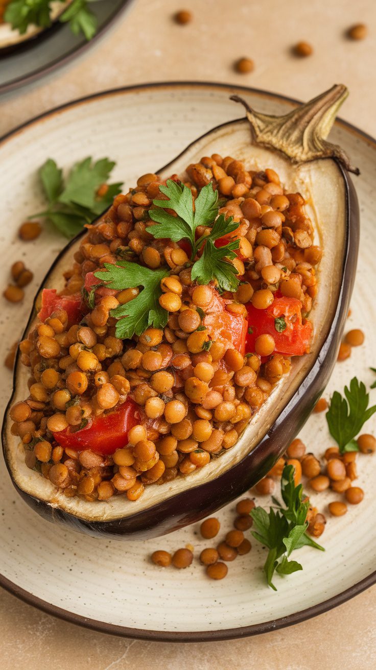 A roasted eggplant half filled with lentils and diced tomatoes, garnished with fresh parsley.