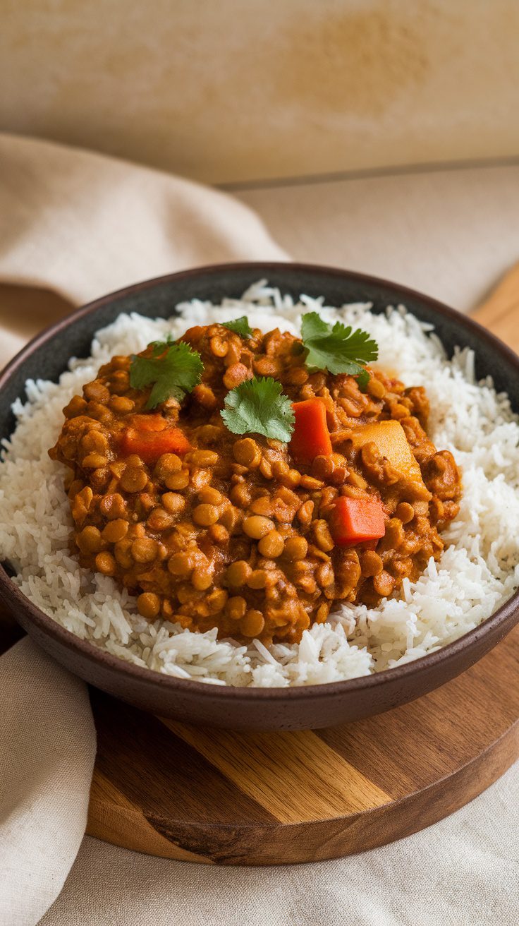 A bowl of hearty vegetable and lentil curry served over rice, garnished with cilantro.