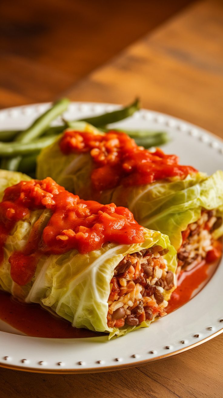 Hearty vegetarian stuffed cabbage rolls topped with tomato sauce and served with green beans.