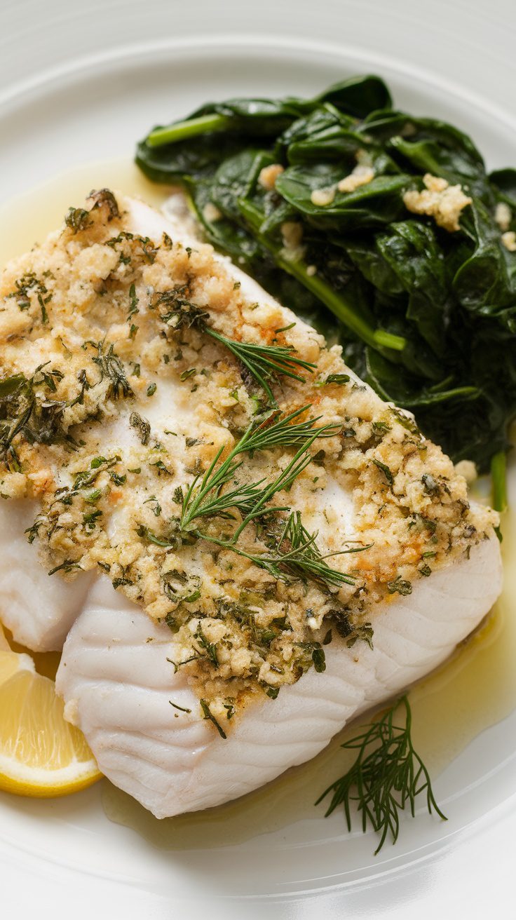 A plate of herbed halibut with sautéed spinach and lemon wedges.