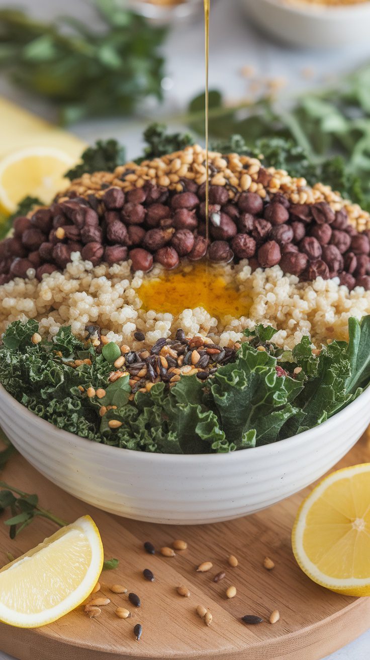 A vibrant bowl filled with kale, quinoa, and various toppings, drizzled with dressing.