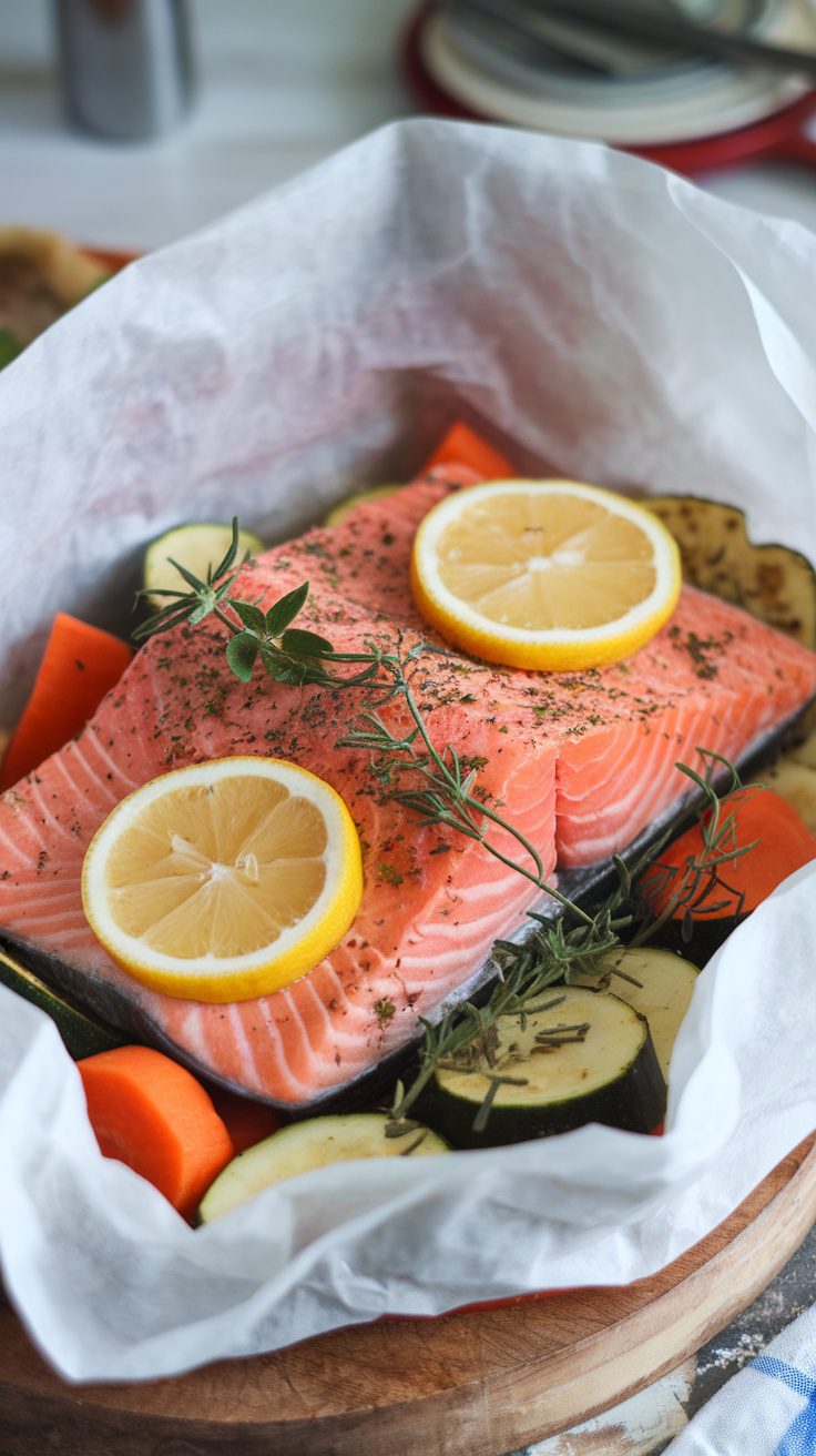 Salmon fillet with lemon slices and herbs