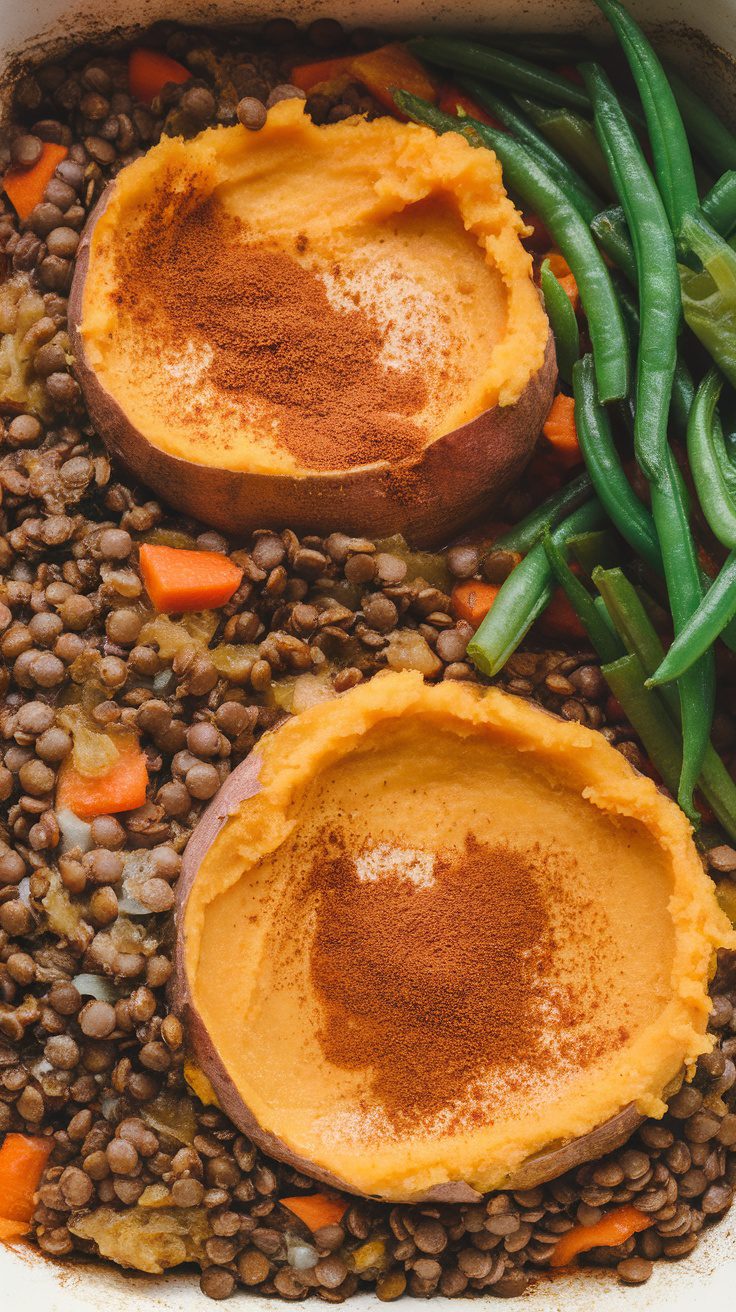 Lentil Shepherd's Pie topped with creamy sweet potato mash, with green beans on the side.