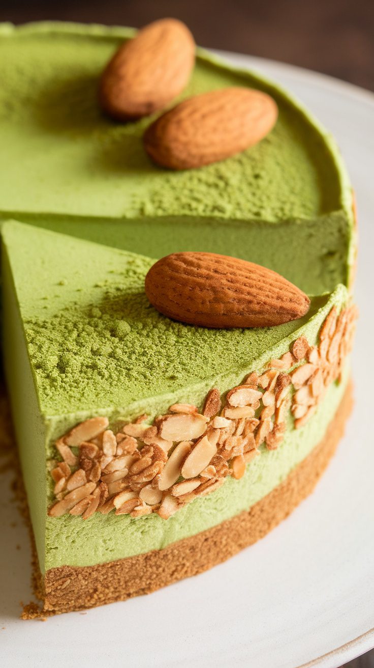 A slice of matcha protein cheesecake with almond crust, topped with almonds.